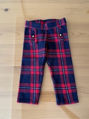 Janie and Jack Kids Knit Leggings, Red & Navy Plaid with gold buttons, 2T